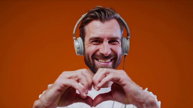 Smiling man with headphones making heart gesture with hands in front of solid orange background