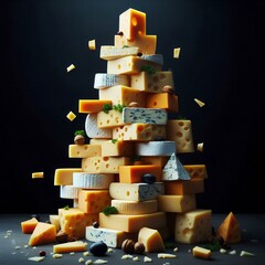 Fototapeta premium Cheese tower made from pieces of different types of hard cheese, as an art object on a black background 