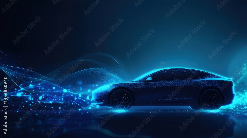 Poster 暗い背景に青い光をまとった未来的な自動車のデジタル描写 未来的なテクノロジーコンセプト