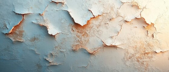 Flaking paint unveils cracked surface showing oxidized base, creating weathered effect.