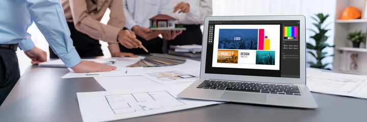 Graphic designer software for modern design of web page and commercial brisk ads showing on the...