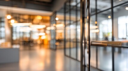 Office doorway opening to modern workspace blurred interior professional environment bright view