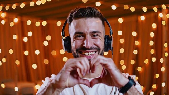Smiling man with headphones making heart gesture with hands in front of festive string lights background