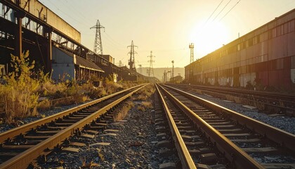 Fototapeta premium Sunset Over Abandoned Industrial Railroad Tracks in Urban Environment