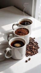 Fototapeta premium Three white mugs filled with hot coffee and beans on countertop in warm light