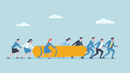 Fototapeta premium Team collaboration pushing a giant pen achieving goals together stylized