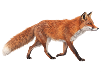 furry red fox walking profile side view on white background, PNG