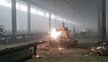 Industrial Workshop with Sparks and Equipment in Dim Lighting