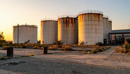 Obraz premium Rusty Industrial Storage Tanks at Sunset in Abandoned Facility