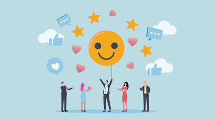 Happy team celebrates success positive feedback joyful smiles vibrant design