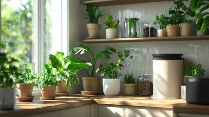 Cozy home interior with various potted houseplants and sustainable organic composting bins neatly arranged on shelves near a bright window showcasing an eco friendly and organized living space