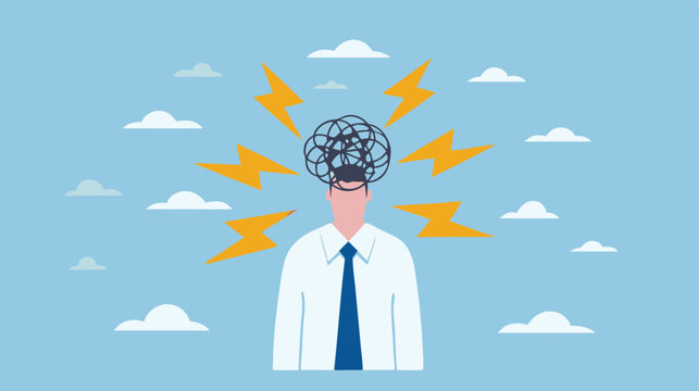 Overwhelmed businessman mental overload stress anxiety flat design illustration