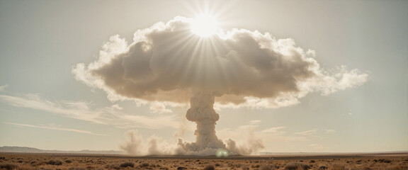 Ominous mushroom cloud rising over desert landscape, nuclear war concept