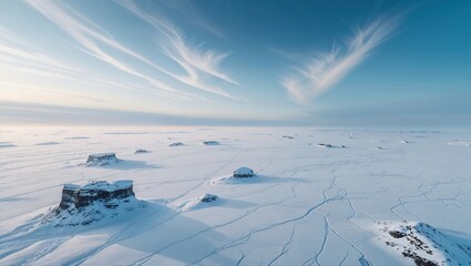 Aerial view of a vast, snow-covered landscape with unique rock formations under a pale blue sky. The scene is serene and peaceful, with long streaks of clouds adding to the dramatic effect.