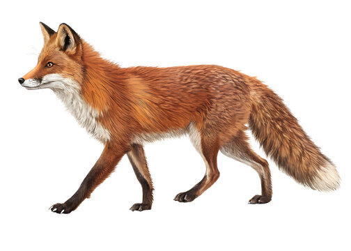 furry red fox walking profile side view on white background, PNG