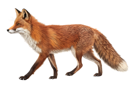 furry red fox walking profile side view on white background, PNG