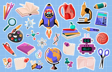 Stickers in a white outline, school education. Clerical elements and symbols of knowledge. Globe, rocket, pens, pencils, backpack, books, robot, calculator and more.