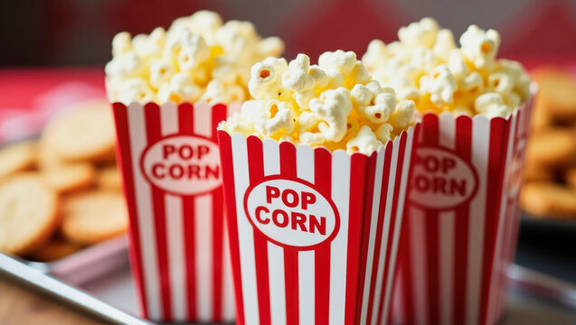 Freshly popped popcorn in classic striped cups at a cozy gathering with cookies nearby