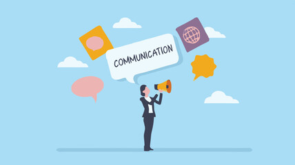 Woman announces communication vital message loud speaker bright sky flat design