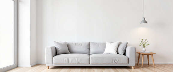 Fototapeta premium Modern minimalist living room with gray sofa and natural light, tranquility