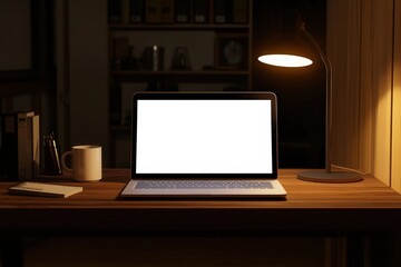 3D laptop on wooden desk in modern office with lamp, coffee mug, notebook; blank white screen and spacious background for text or design.