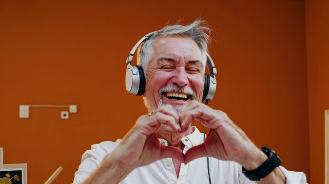 Smiling senior man with headphones making heart gesture with hands in cozy indoor space with orange wall