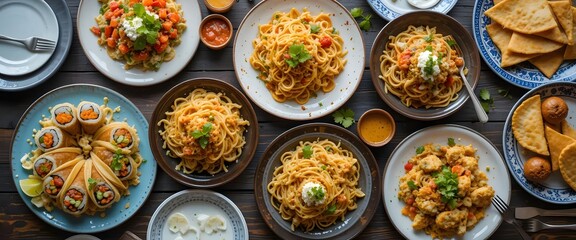 Overhead Shot of Multicultural Dishes on Wooden Table