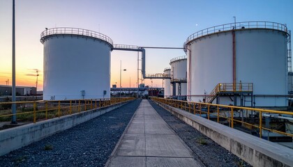 Obraz premium Industrial Storage Tanks at Sunset in Urban Environment