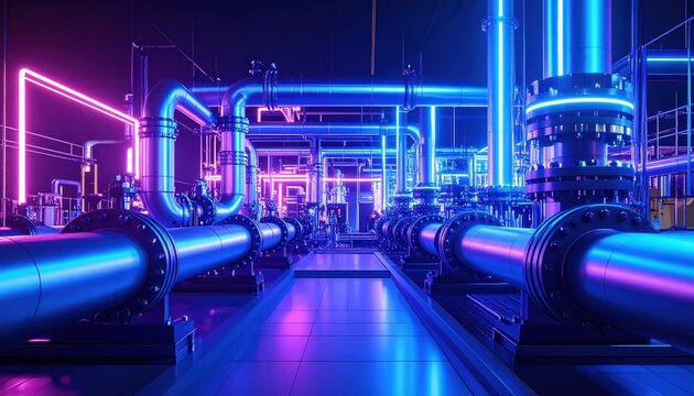 Colorful Industrial Pipe System With Neon Lights in a Modern Facility