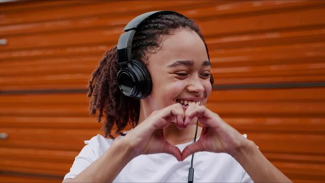 Smiling young woman with headphones making heart gesture with hands in front of orange garage door