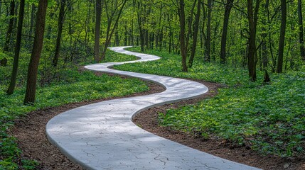 Winding path curves through bright spring forest scene