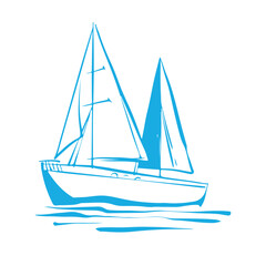 Sailing yacht floats on waves. Small ship for recreation and travel. Outline sketch in blue color. Hand drawing isolated on white background. Vector illustration