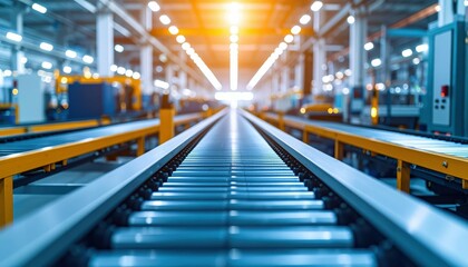 Obraz premium Modern Conveyor Belt System in Industrial Warehouse Environment