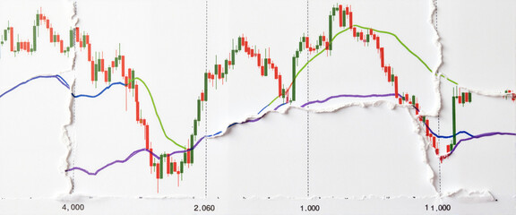 Torn financial document showing crisis chart patterns, economic downturn