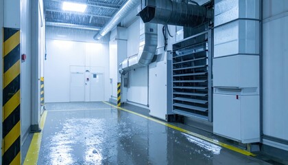 Wet Industrial Space with Water Pooling on the Floor and Ventilation