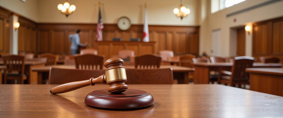 Wooden gavel on courtroom bench with blurred justice hall, legal symbolism