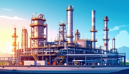 Obraz premium Industrial Oil Refinery with Pipelines and Towers at Sunset Scene