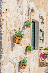 old mediterranean house with lavender flowers in the pot