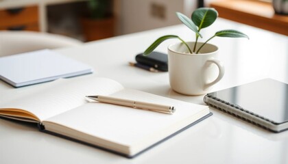 Aesthetic Workspace Setup with Open Notebook, Pen, and Plant in White Mug on a Bright Desk
