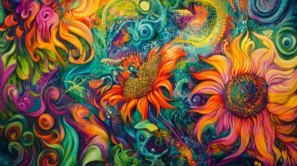 Vibrant Abstract Sunflower Painting with Swirls and Bright Colors