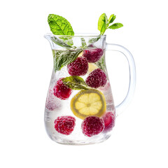 Pitcher of Raspberries Lemon Verbena Sparkling Water Isolated on Transparent Background