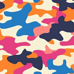 Vibrant camouflage pattern featuring colorful shapes in blue, pink, orange, and navy against a light background.
