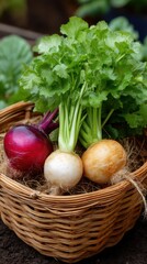 Freshly harvested root vegetables with leafy greens in a woven basket, grown in the ground