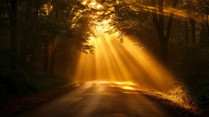 A sunrise illuminating a quiet countryside road with golden beams through fog.