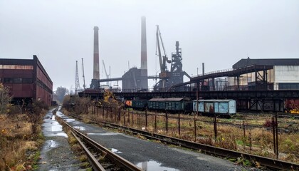 Fototapeta premium Abandoned Industrial Site with Rusty Structures and Foggy Atmosphere
