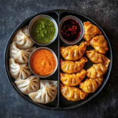 Delicious Platter of Steamed Asian Dumplings (Momos) with Spicy Dipping Sauces - Top View