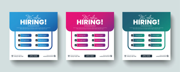 We are hiring job vacancy social media post and square web banner design template. Template design for professional hiring social media web banner layout template design.
