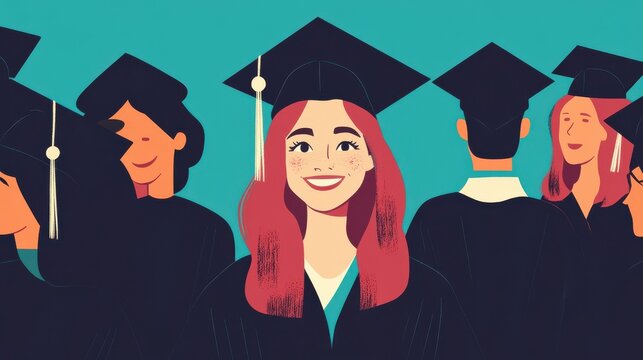 Woman standing out from a graduation group smiling illustration , no logos, no brands