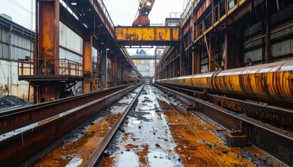 Naklejka premium Rusty Industrial Warehouse with Tracks and Overhead Crane in View