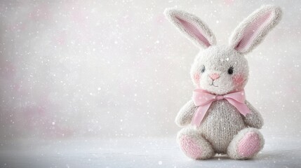 Obraz premium Soft and Adorable Bunny Toy with Pink Bow on a Snowy Background